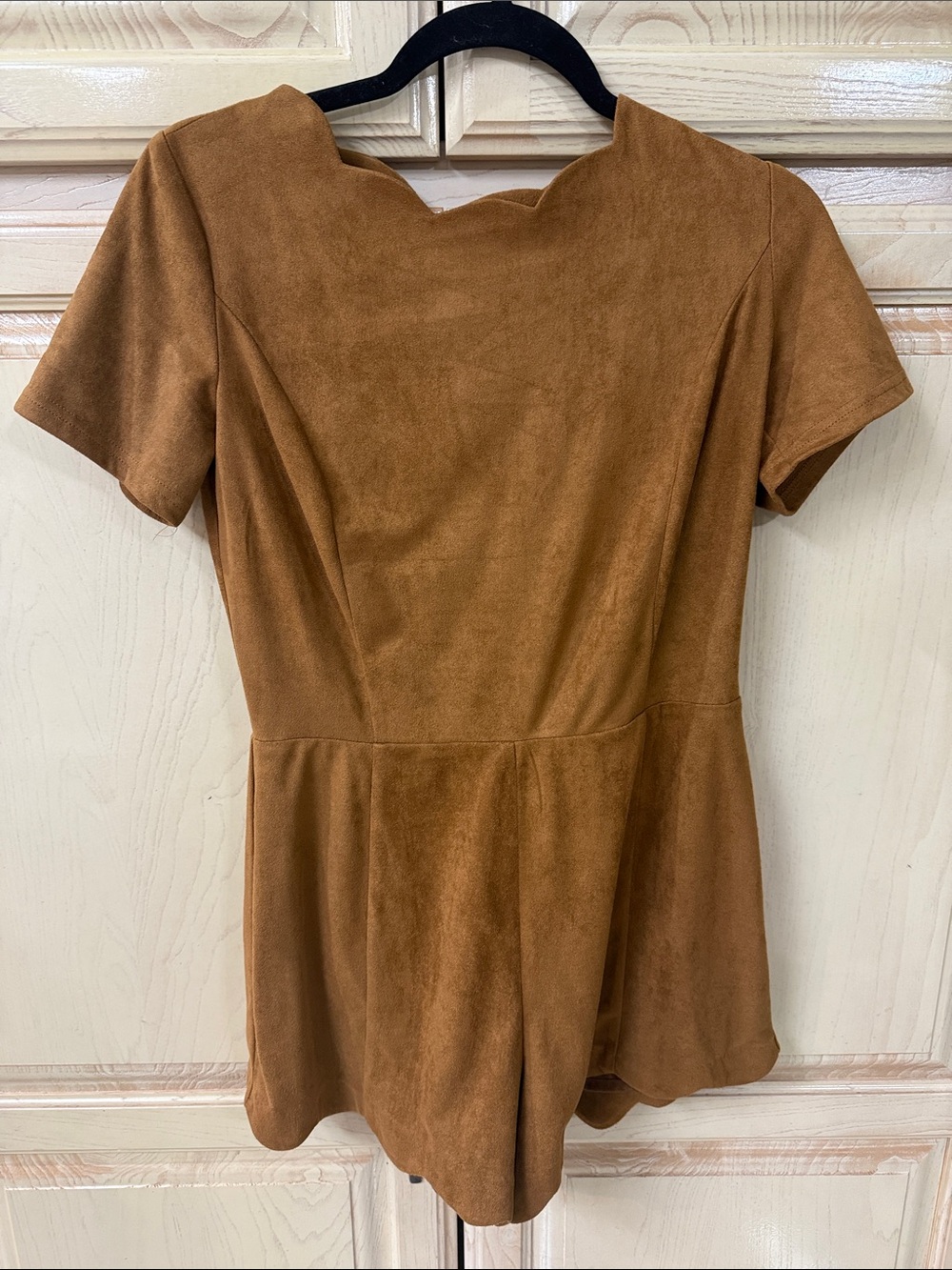 Women’s Tan Short-Sleeve Faux Suede Romper
